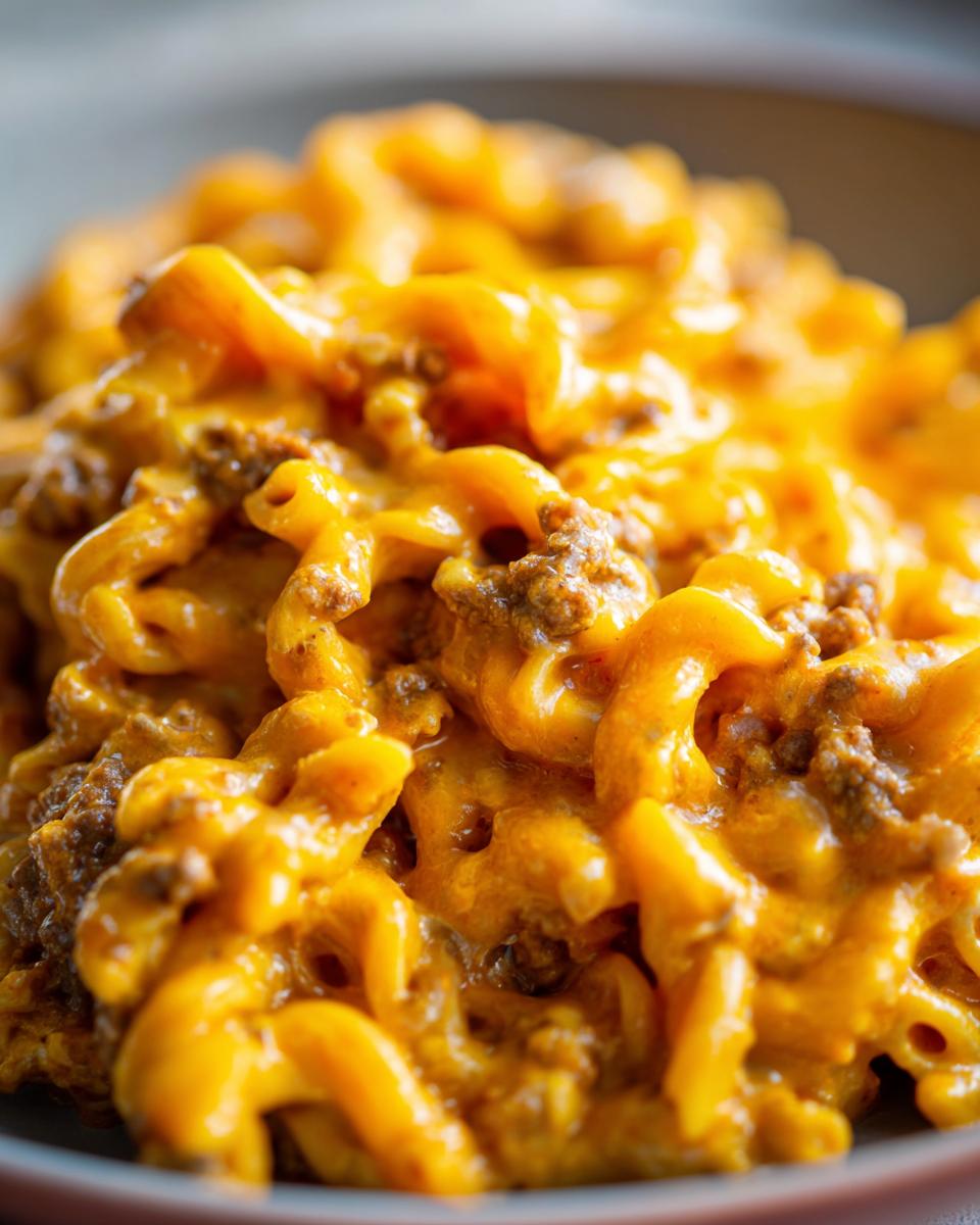 Close-up of creamy beef pasta featuring elbow macaroni mixed with ground beef and a rich, orange cheese sauce.