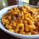 Close-up of creamy beef pasta featuring elbow macaroni coated in a rich orange cheese sauce with ground beef crumbles.