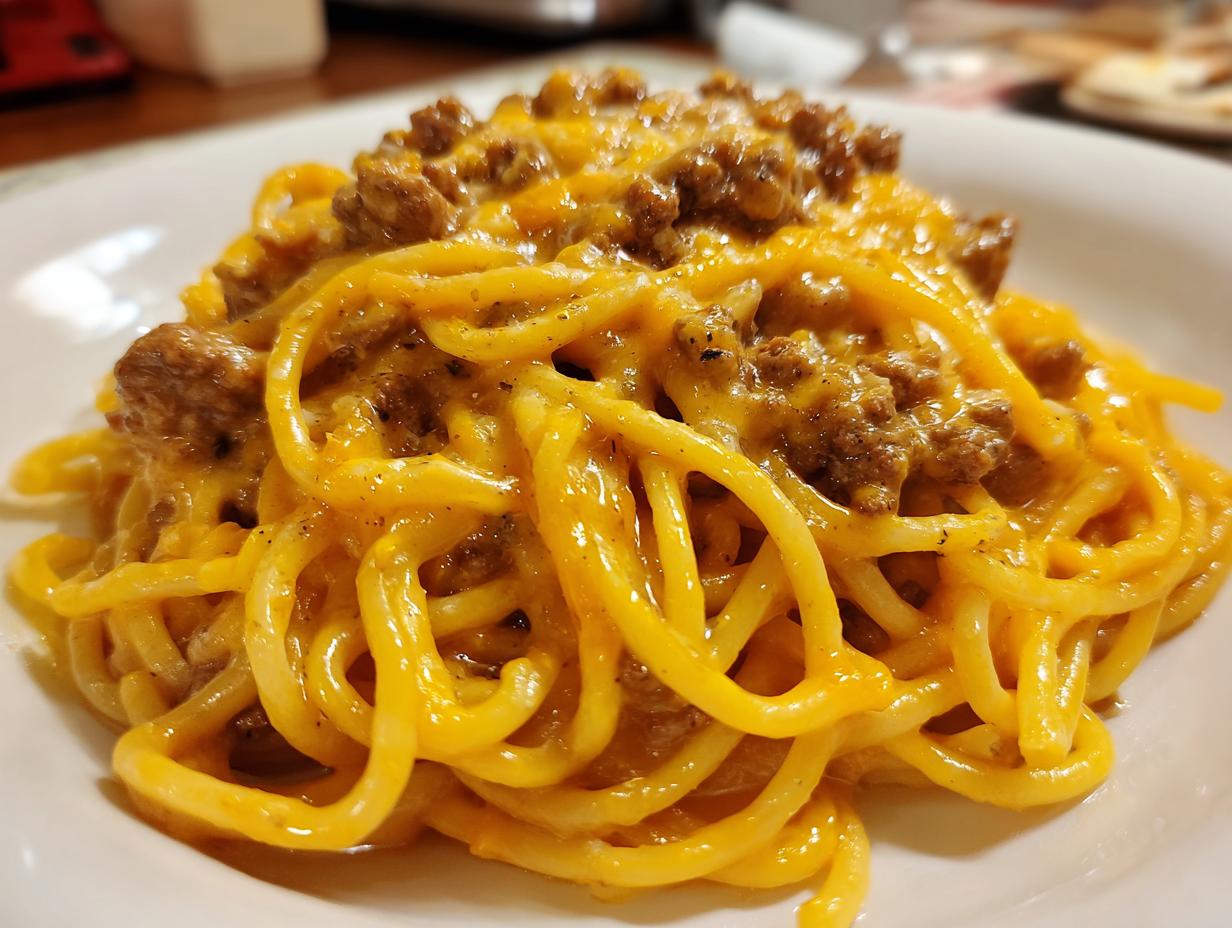 Close-up of creamy beef pasta featuring spaghetti coated in a rich, orange cheese sauce and topped with ground beef.
