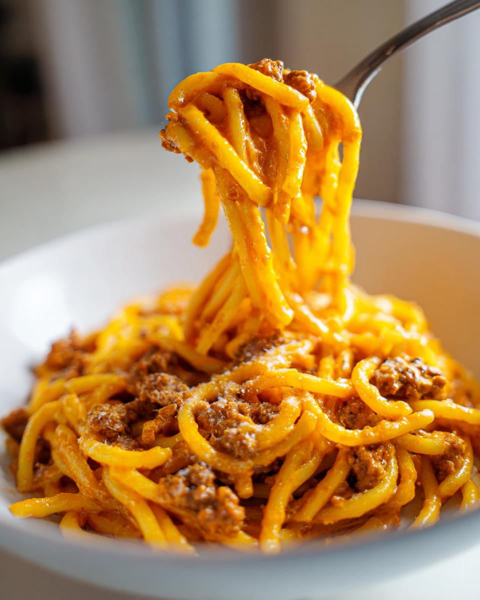 A fork lifting a twirl of creamy, orange-sauced beef pasta from a white bowl.