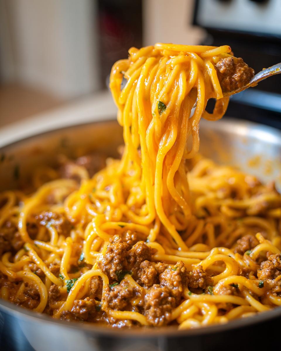 Close-up of creamy beef pasta being lifted high on a fork from a skillet full of the rich dish.