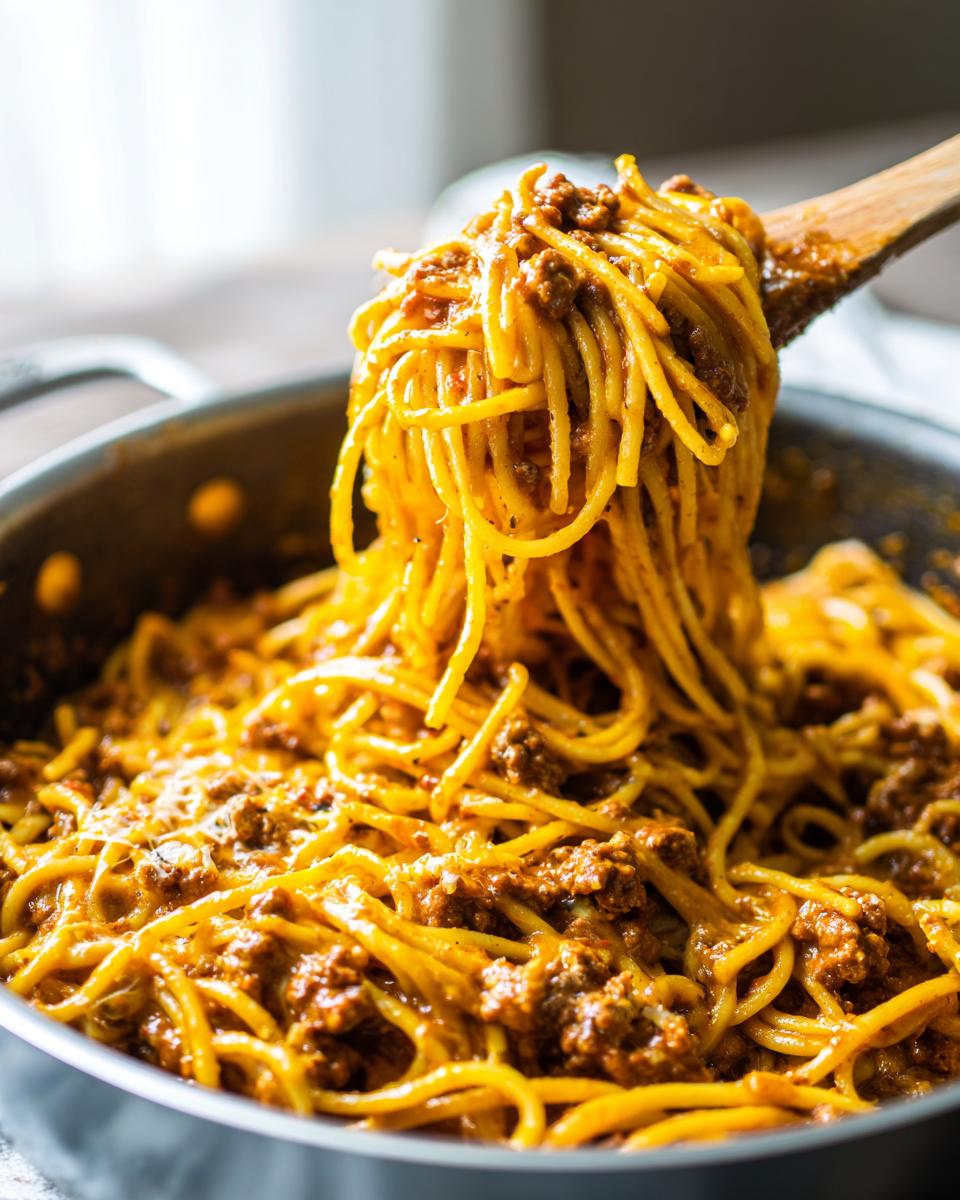 A wooden spoon lifts a large tangle of spaghetti coated in creamy sauce and ground beef from a skillet of beef pasta.