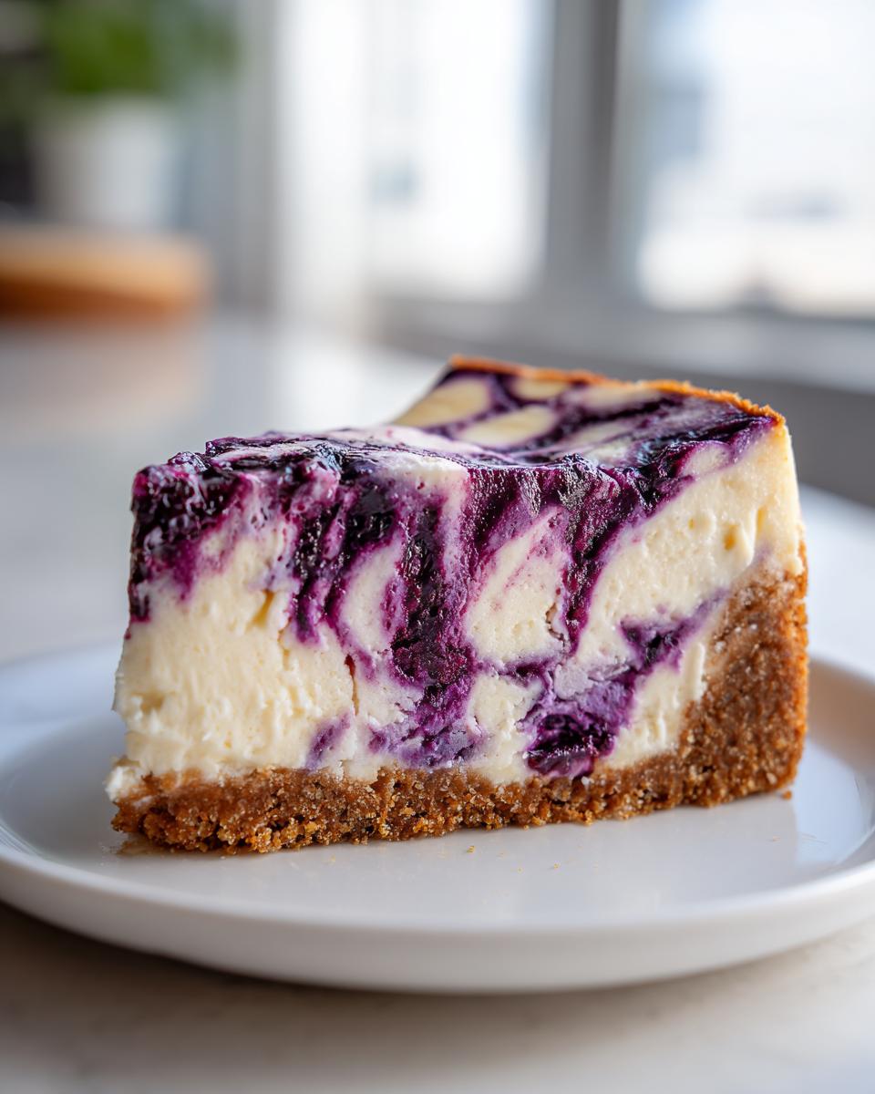 A perfect slice of creamy no-bake blueberry cheesecake with a graham cracker crust on a white plate.