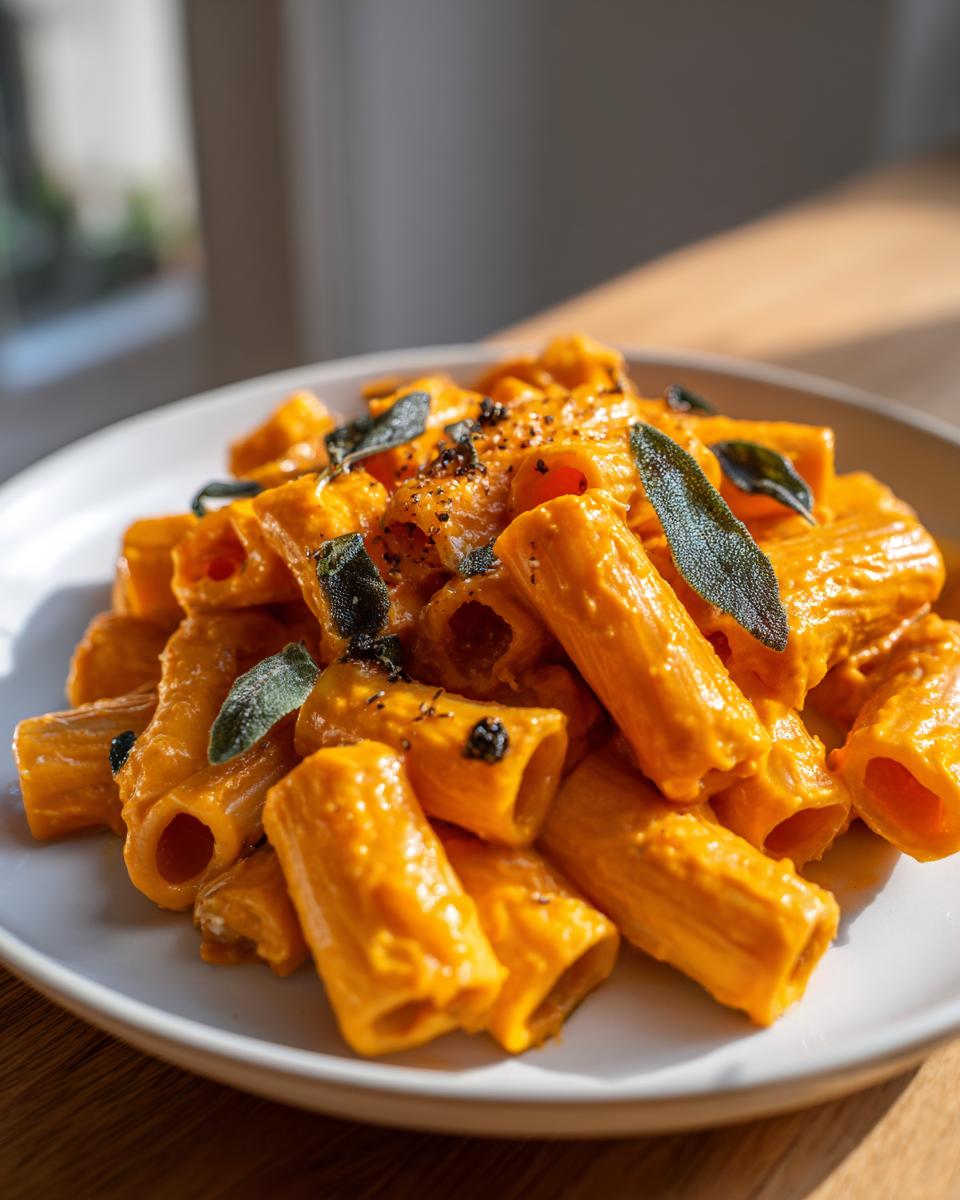 Close-up of rigatoni pasta coated in rich butternut squash pasta sauce, topped with fried sage leaves.