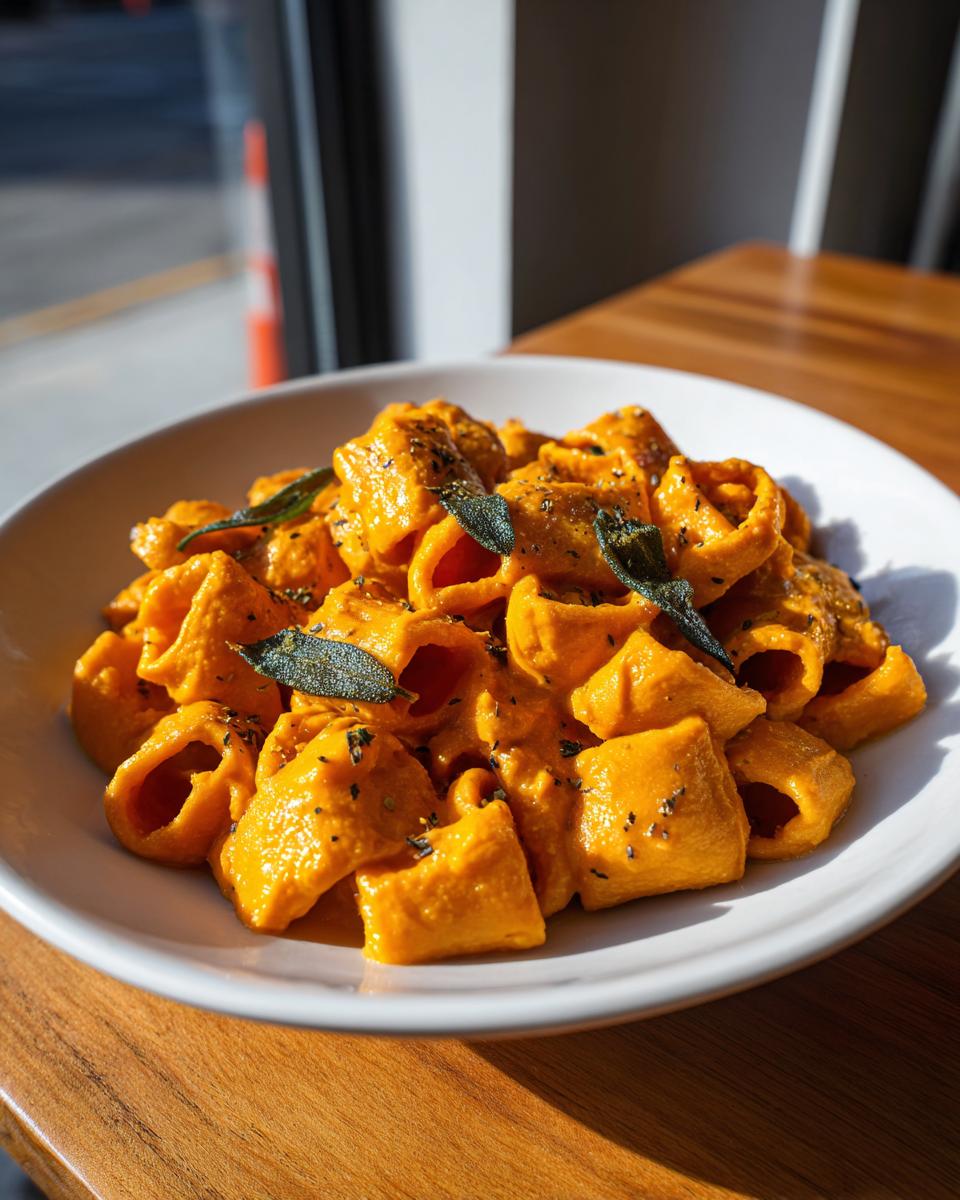 A close-up of rich, orange butternut squash pasta coated in a creamy sauce and topped with fried sage leaves.