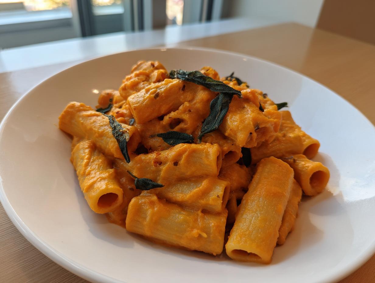 A close-up of rigatoni pasta coated in a rich, orange butternut squash pasta sauce, topped with crispy sage leaves.