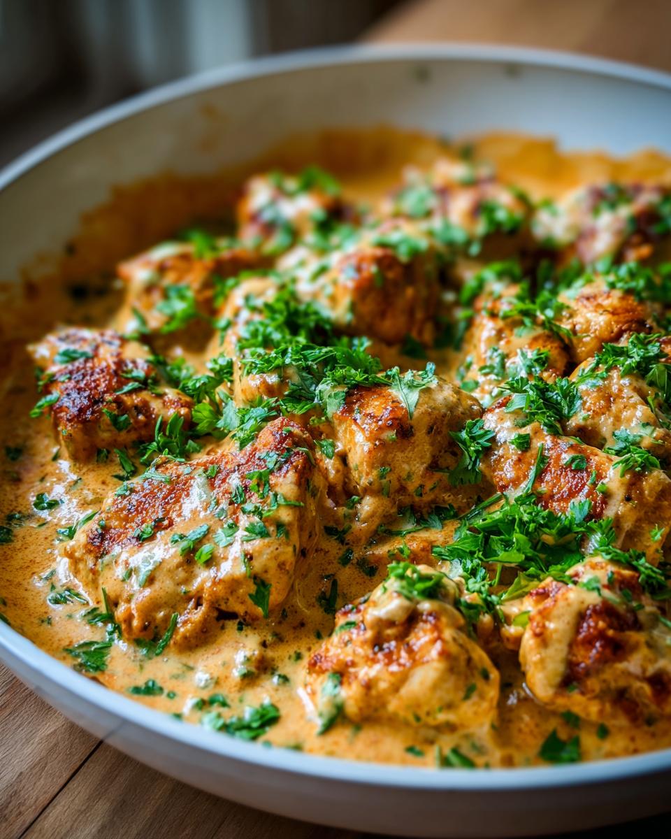 Close-up of seared cajun chicken pieces coated in a rich, creamy sauce and garnished with fresh parsley.