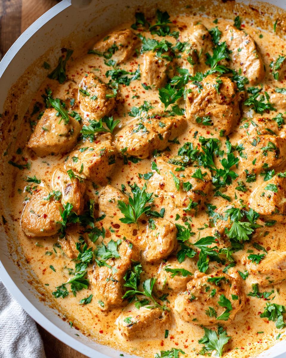 Close-up of seasoned cajun chicken pieces simmering in a creamy, orange-hued sauce, garnished with fresh parsley.