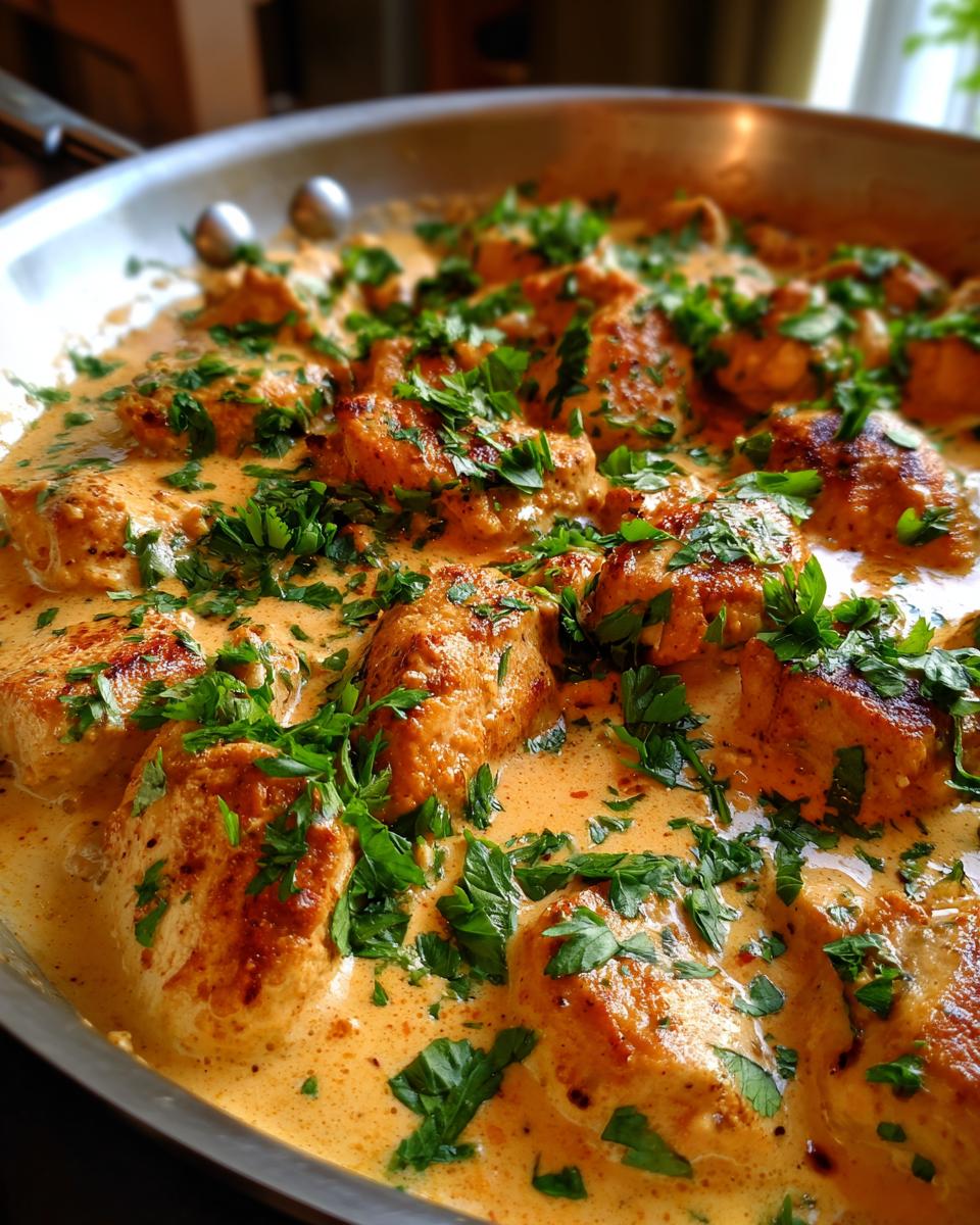 Close-up of seasoned cajun chicken pieces simmering in a rich, creamy sauce and topped with fresh parsley.