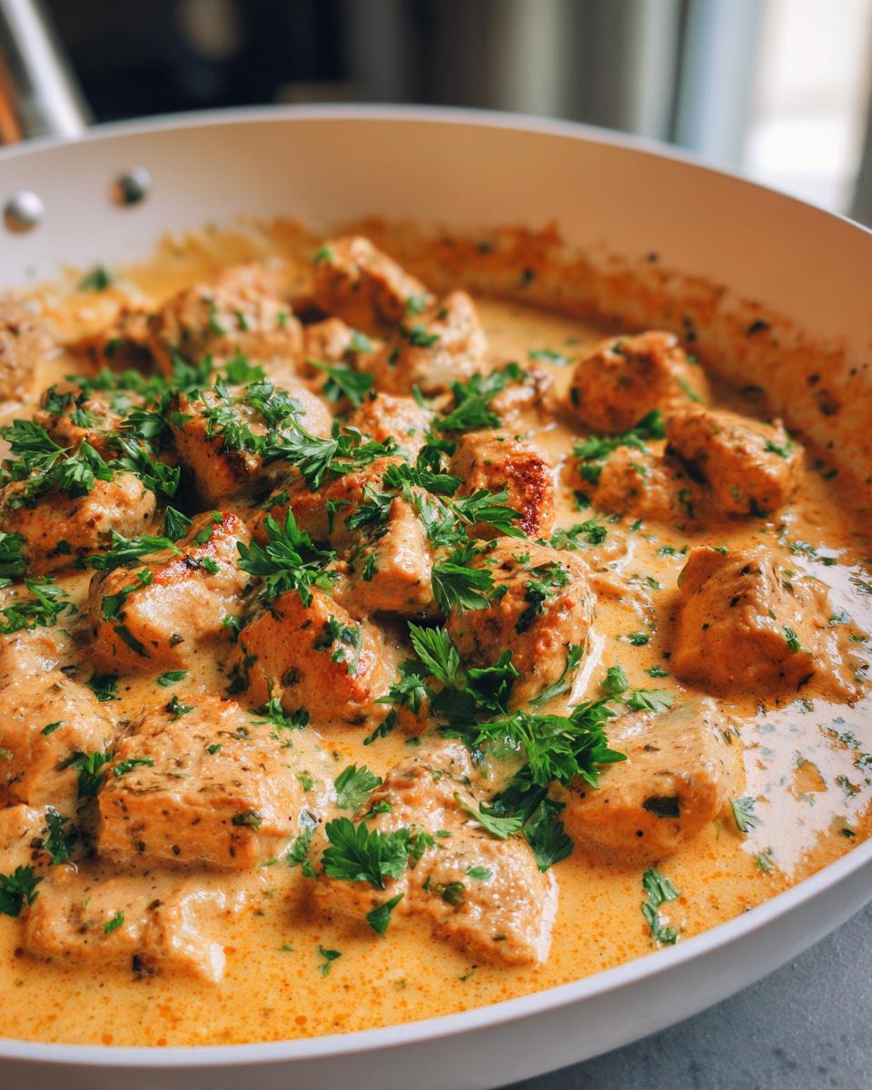 Close-up of seasoned cajun chicken pieces coated in a creamy orange sauce and garnished with fresh parsley.