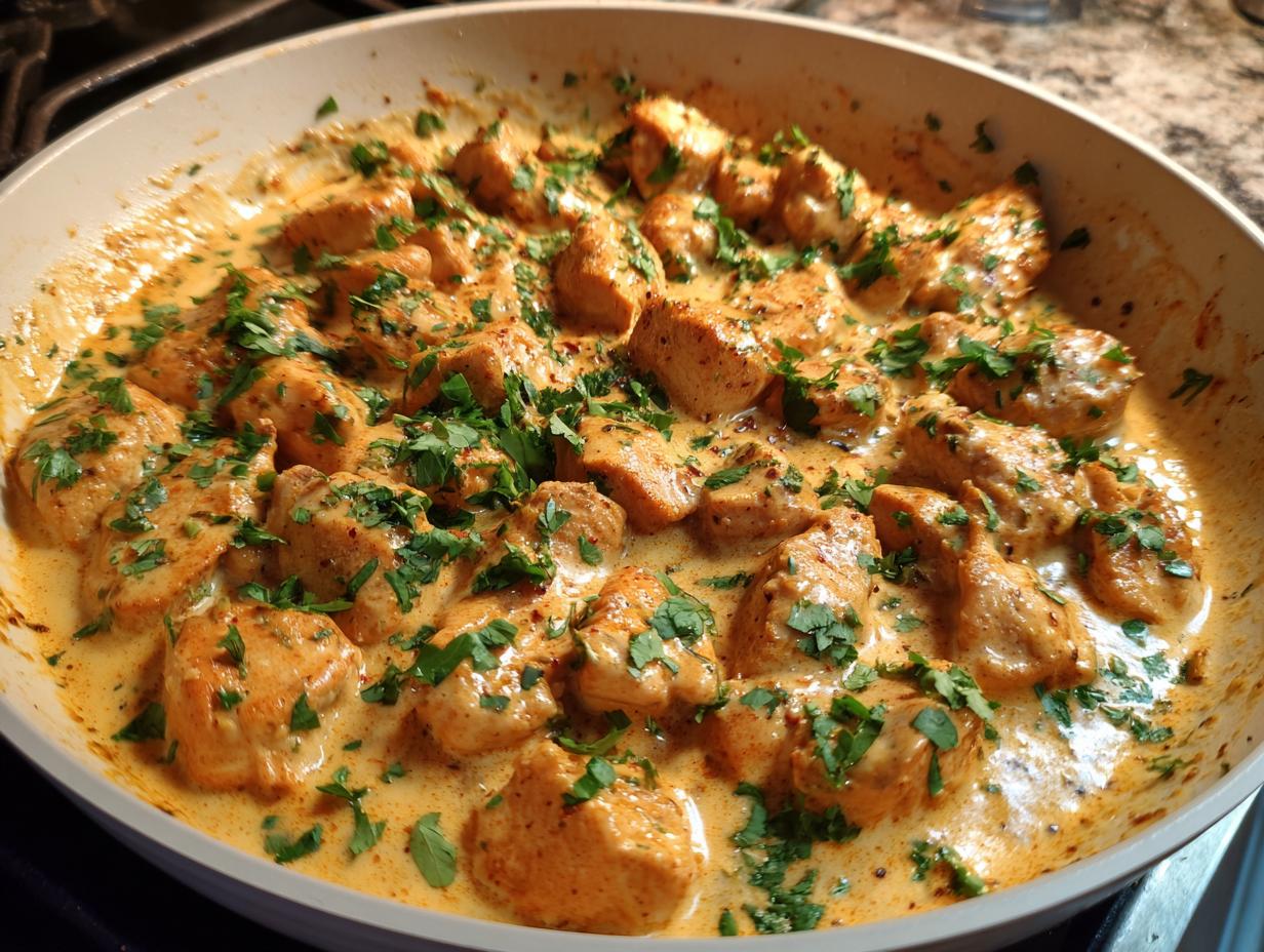 Close-up of seasoned cajun chicken pieces simmering in a creamy sauce, garnished with fresh parsley.