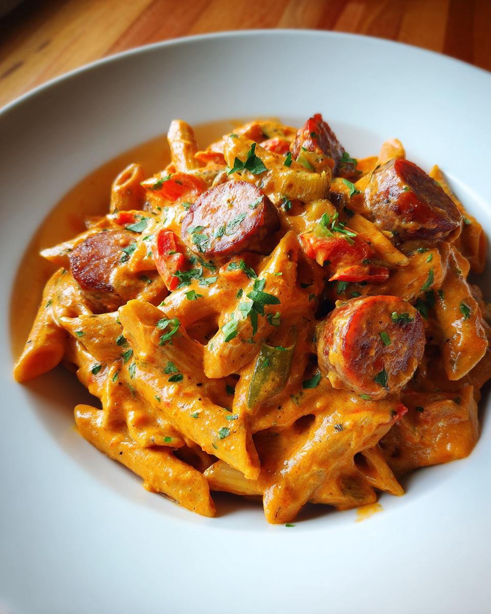 Close-up of creamy cajun sausage pasta with penne, sliced sausage, and parsley garnish.