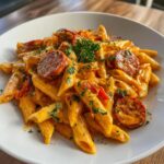 Close-up of a creamy cajun sausage pasta dish featuring penne pasta, sliced and browned sausage, and parsley garnish.