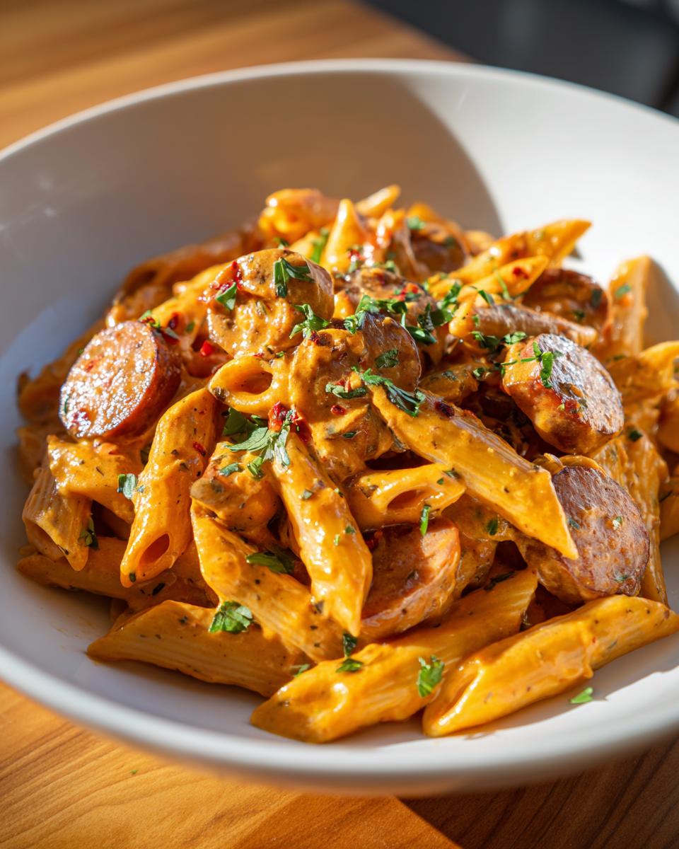 Close-up of creamy cajun sausage pasta featuring penne, sliced andouille sausage, and fresh parsley garnish.