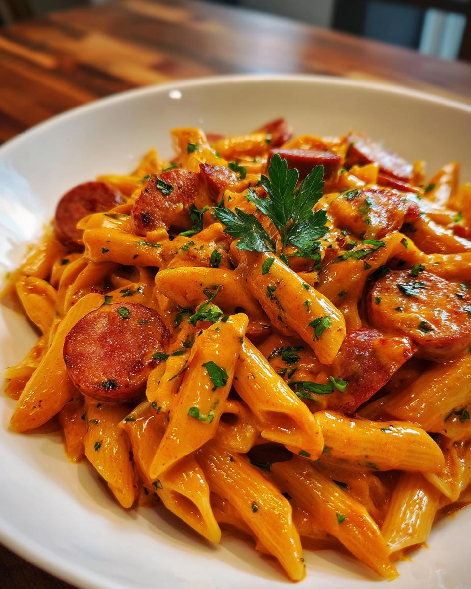 Close-up of creamy cajun sausage pasta featuring penne coated in an orange sauce and topped with sliced sausage and parsley.