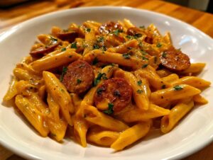 Close-up of creamy cajun sausage pasta featuring penne noodles, sliced sausage, and fresh parsley garnish.