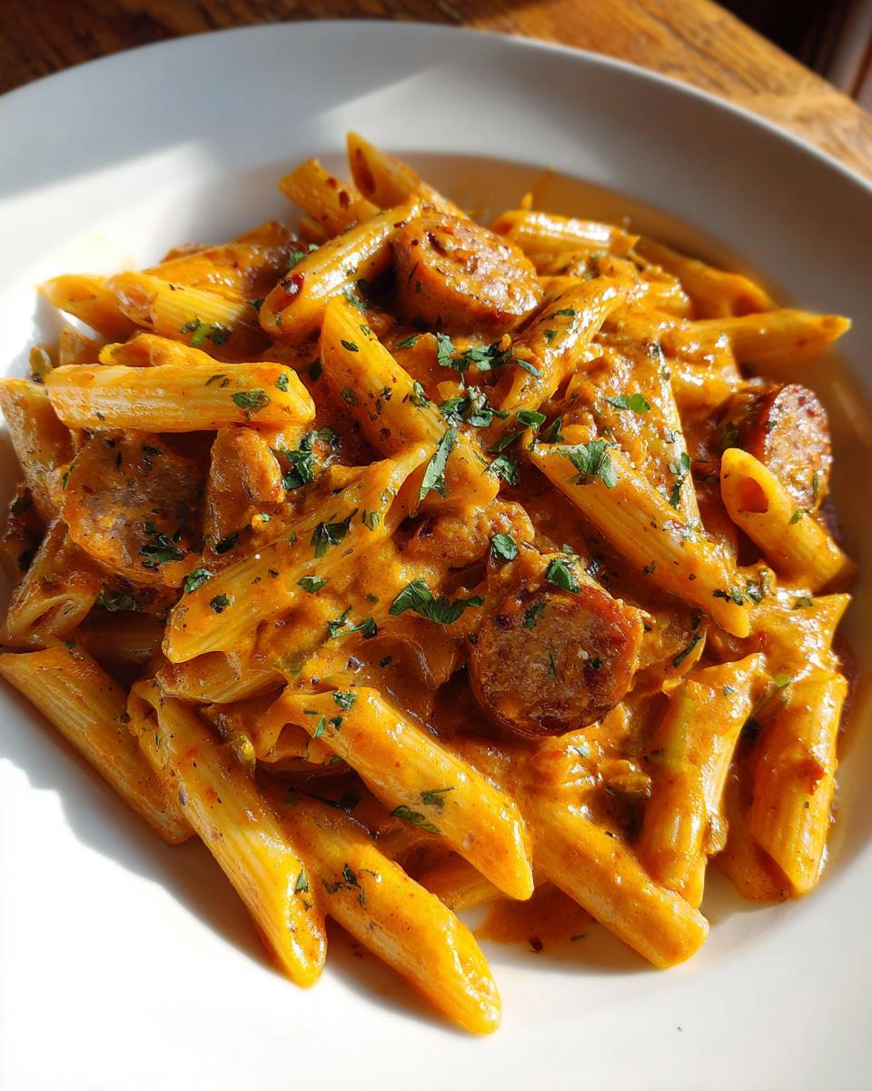 Close-up of creamy cajun sausage pasta featuring penne noodles and sliced sausage, garnished with parsley.