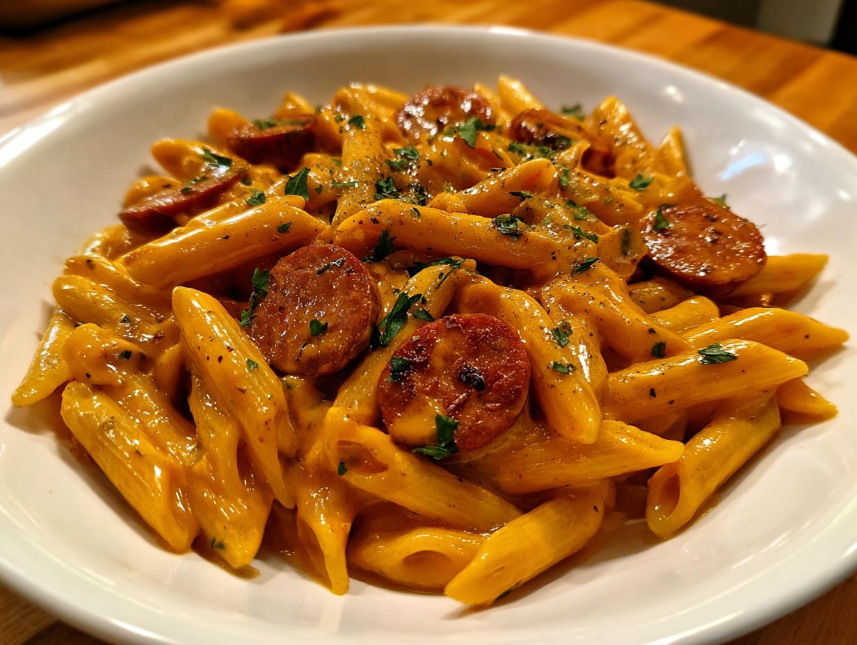 Close-up of creamy cajun sausage pasta featuring penne noodles, sliced sausage, and fresh parsley garnish.