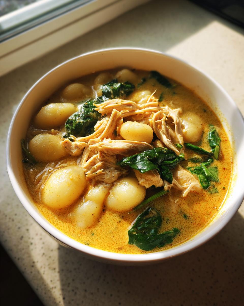 A close-up of a bowl of creamy, yellow gnocchi soup topped with shredded chicken and wilted spinach.