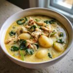 Close-up of a creamy chicken gnocchi soup bowl, featuring plump gnocchi, shredded chicken, and wilted spinach.