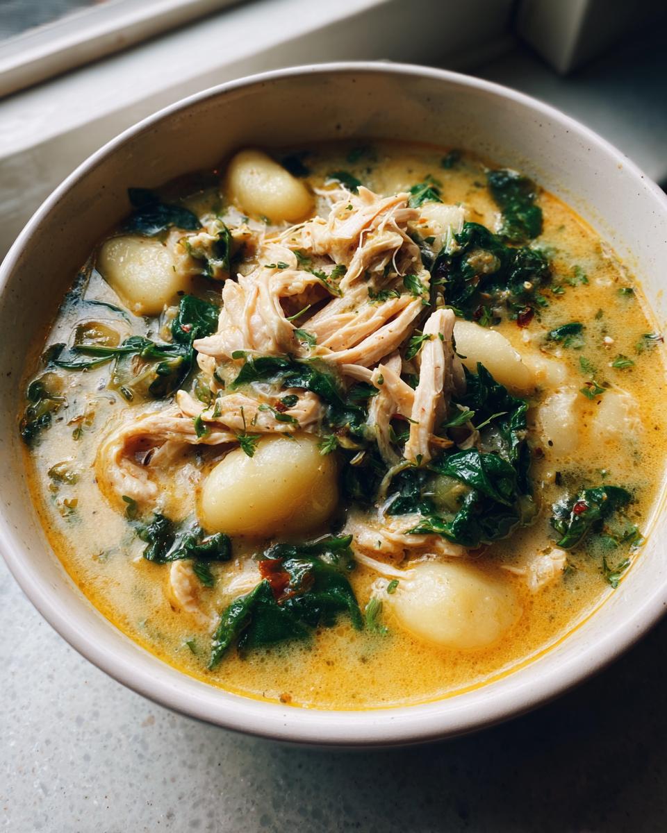 A close-up overhead view of a bowl of creamy chicken gnocchi soup with wilted spinach and herbs.