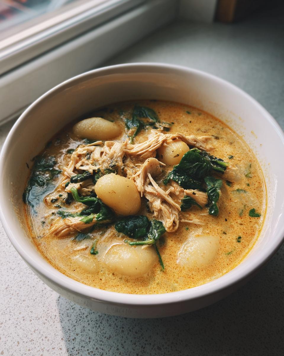 A close-up of a hearty bowl of creamy chicken gnocchi soup with spinach, served in a white bowl.