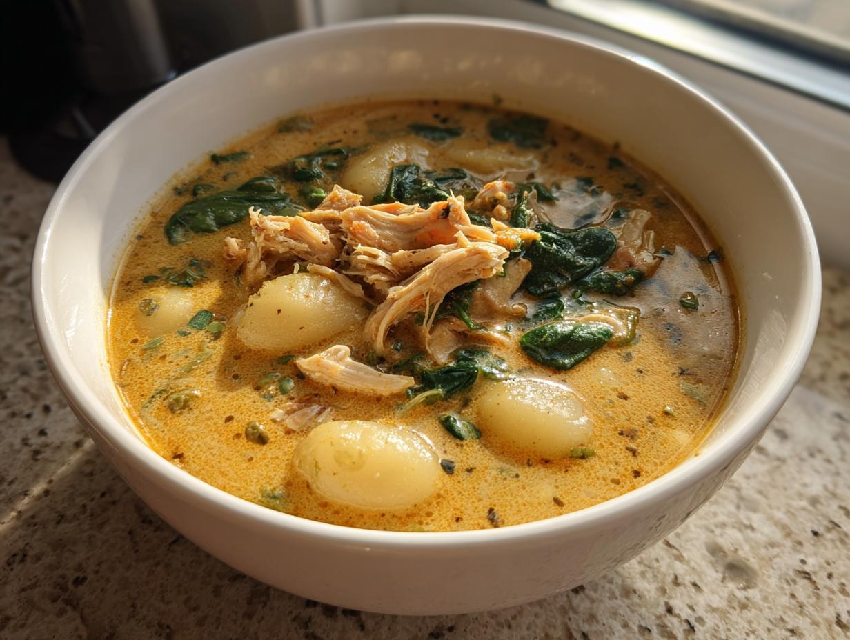 A close-up of a hearty bowl of creamy chicken gnocchi soup with spinach, highlighted by natural light.