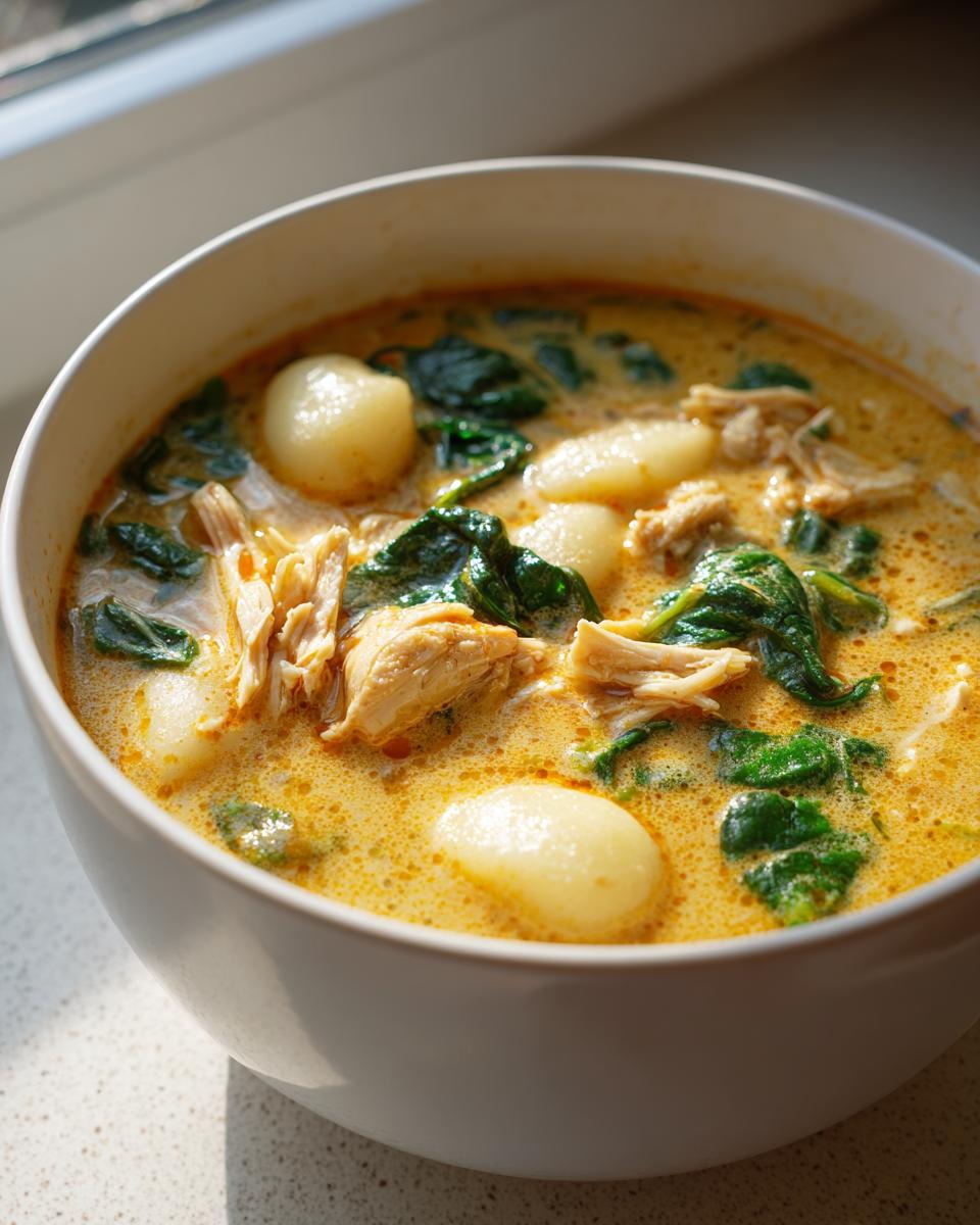 Close-up of a creamy, yellow gnocchi soup with shredded chicken and wilted spinach in a white bowl.