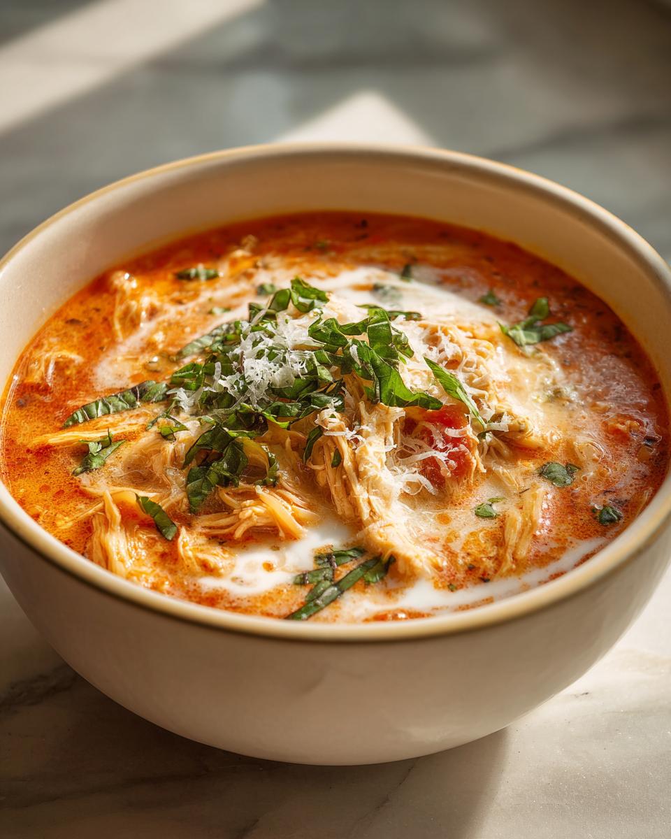 Close-up of a bowl of rich, creamy chicken parmesan soup garnished with shredded chicken, fresh basil, and grated cheese.