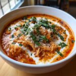 A close-up of rich, creamy chicken parmesan soup, topped with shredded chicken, a swirl of cream, grated parmesan, and fresh basil.