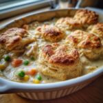 Close-up of a creamy chicken pot topped with golden, flaky biscuits and visible peas and carrots.