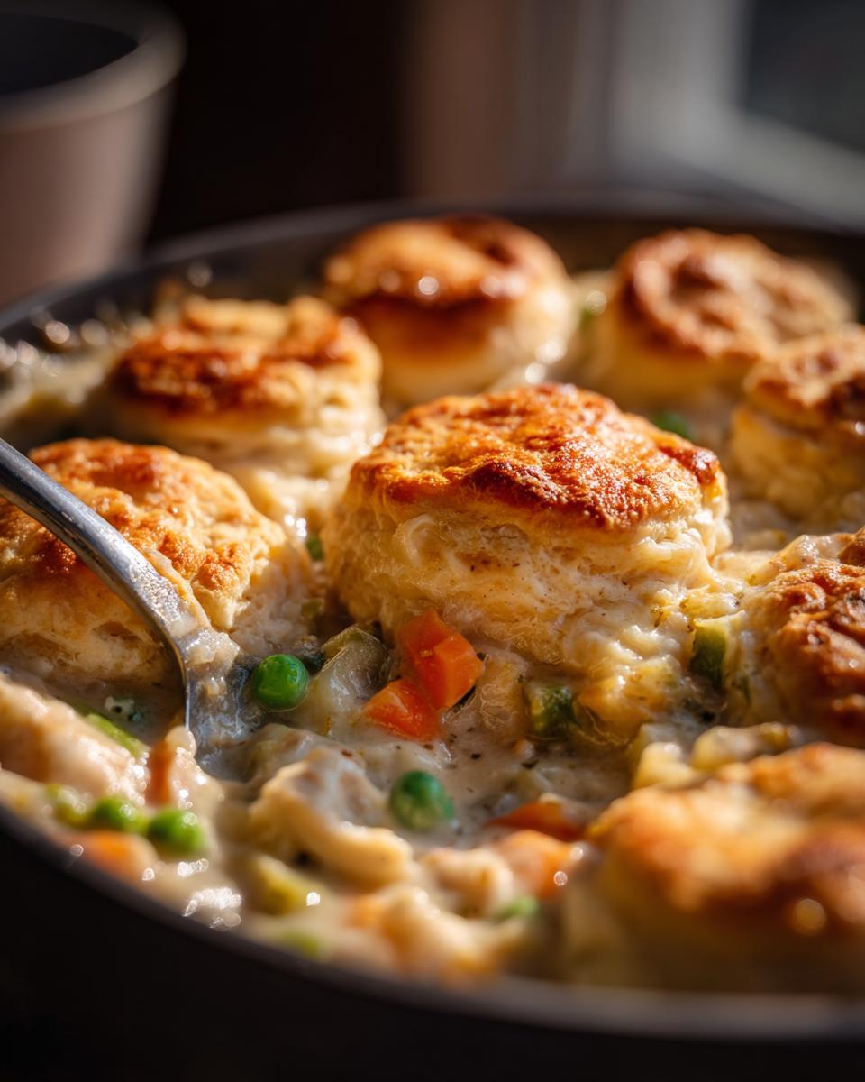 A spoonful scoops into a creamy chicken pot topped with golden, fluffy biscuits, showing peas and carrots.