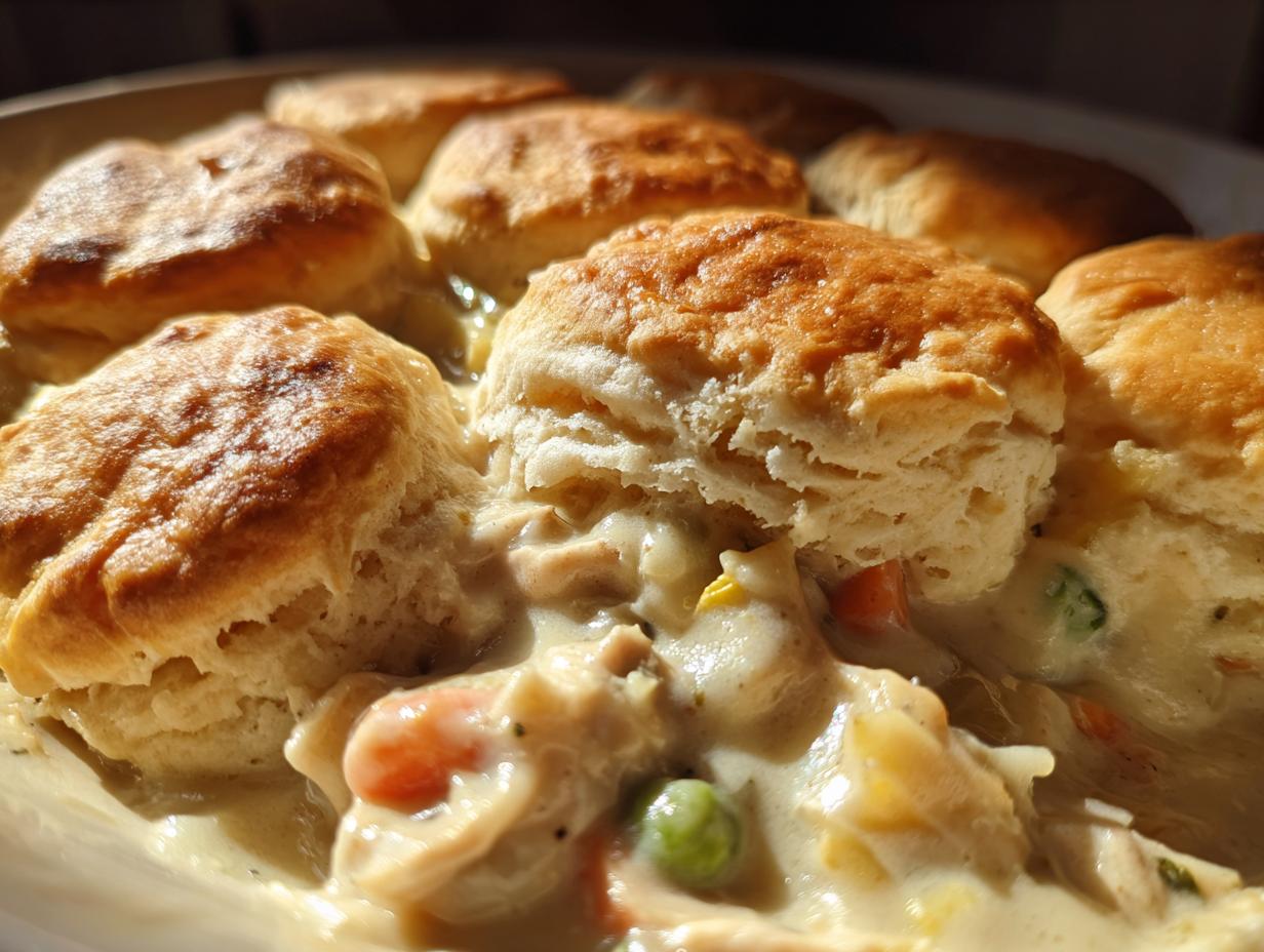 Close-up of a creamy chicken pot topped with golden, flaky baked biscuits, showing peas and carrots.