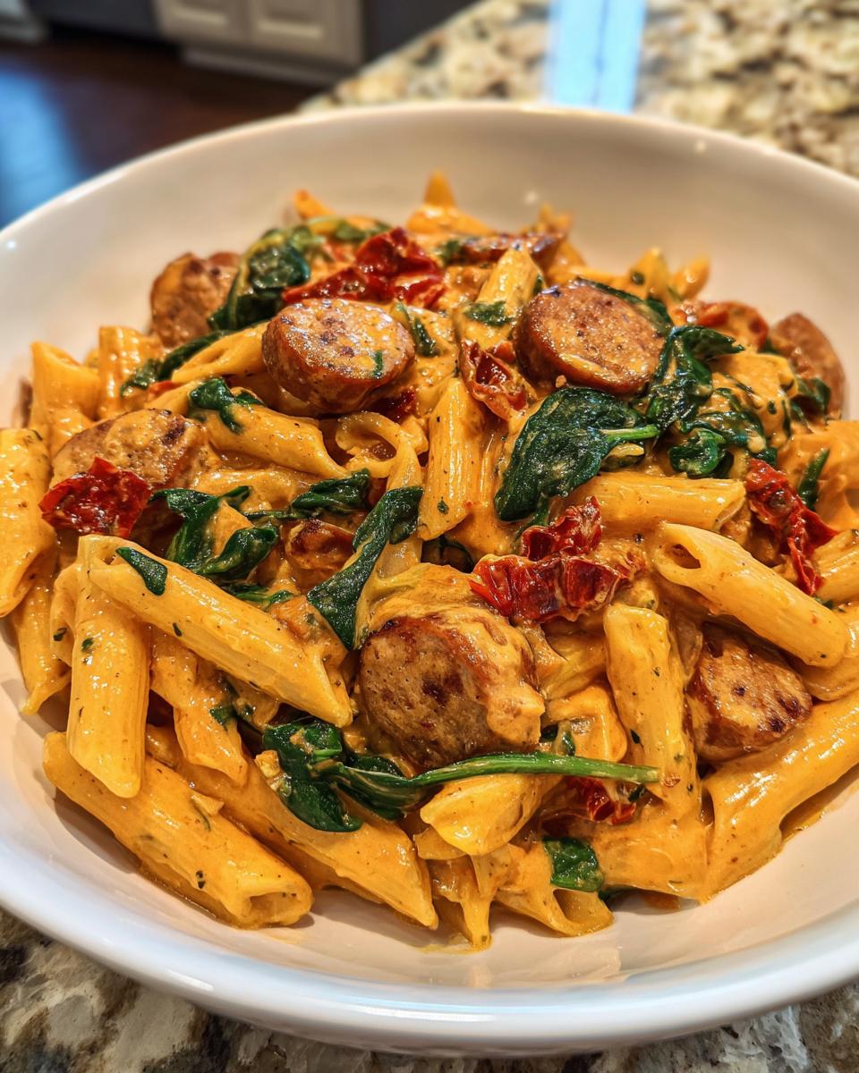 Close-up of creamy chicken sausage pasta featuring penne, sliced sausage, spinach, and sun-dried tomatoes.