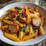 Close-up of creamy chicken sausage pasta featuring penne, sliced sausage, spinach, and sun-dried tomatoes.