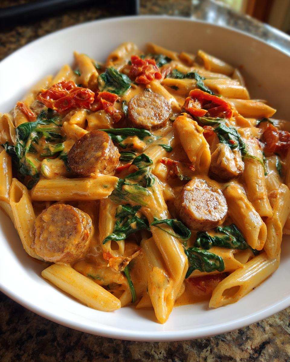 Close-up of creamy chicken sausage pasta featuring penne, sliced sausage, spinach, and sun-dried tomatoes.