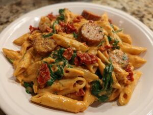 A close-up of creamy chicken sausage pasta featuring penne, sliced sausage, spinach, and sun-dried tomatoes.