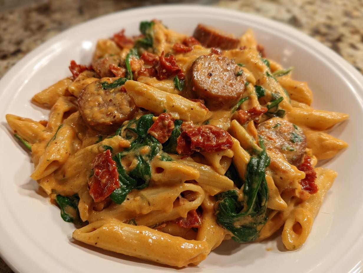 A close-up of creamy chicken sausage pasta featuring penne, sliced sausage, spinach, and sun-dried tomatoes.