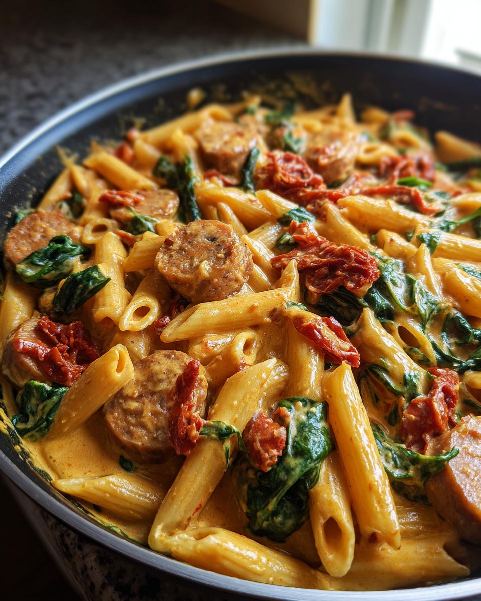 Close-up of creamy chicken sausage pasta with spinach and sun-dried tomatoes in a black skillet.