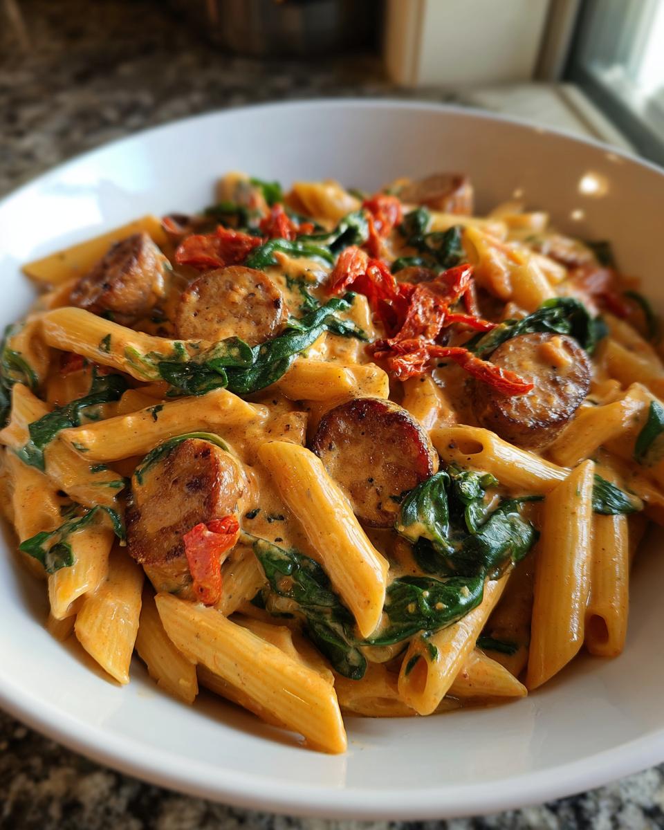 Close-up of creamy chicken sausage pasta with spinach and sun-dried tomatoes in a white bowl.