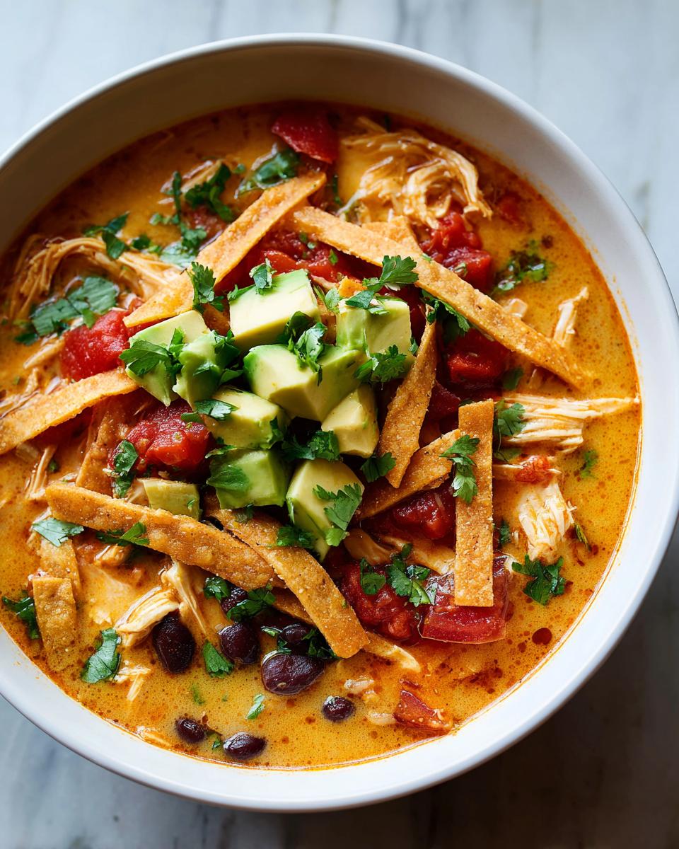 Close-up overhead shot of a bowl of creamy chicken tortilla soup topped with avocado, tortilla strips, and cilantro.