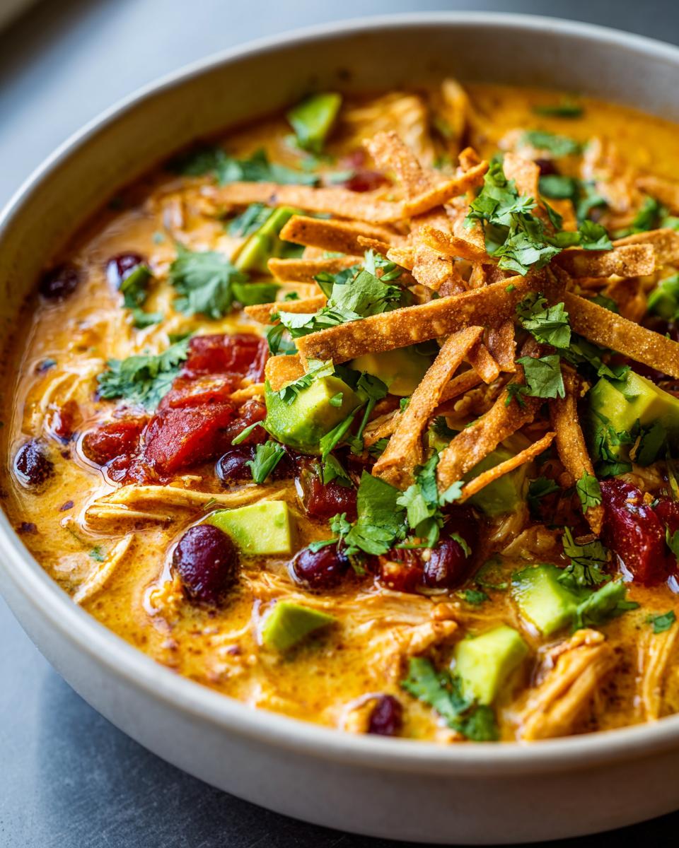 Close-up of creamy chicken tortilla soup garnished with avocado, beans, and crispy tortilla strips.