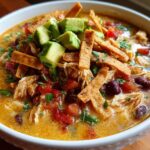 A close-up of a bowl of creamy chicken tortilla soup topped with shredded chicken, avocado, beans, and crispy tortilla strips.