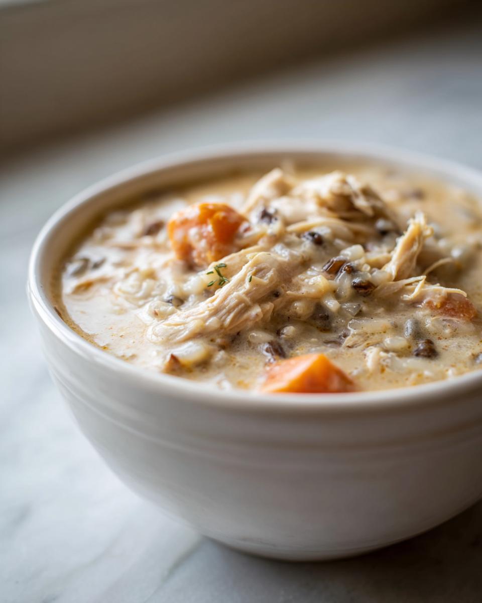 Close-up of a hearty bowl of creamy chicken wild rice soup with visible shredded chicken and carrots.