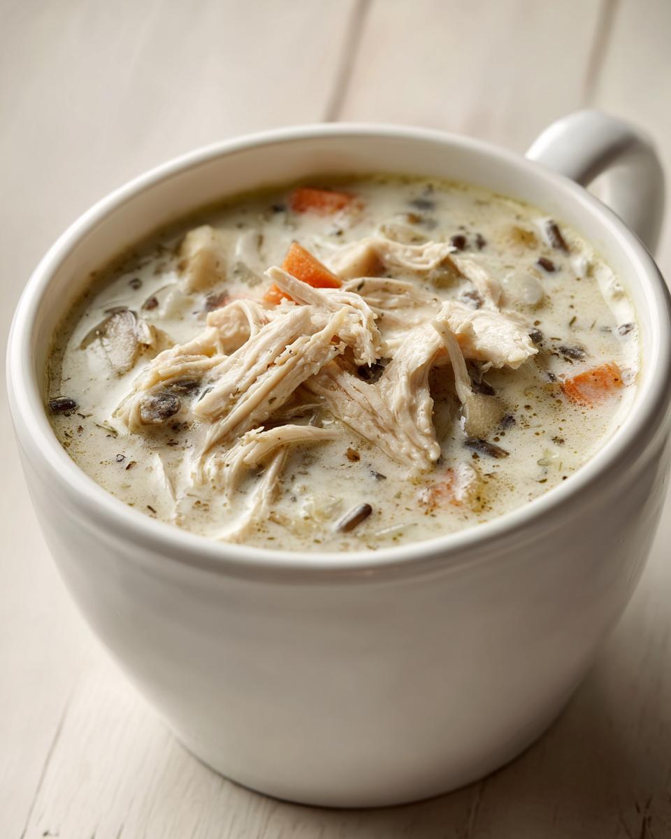 Close-up of a creamy chicken wild rice soup topped with shredded chicken, carrots, and mushrooms in a white mug.
