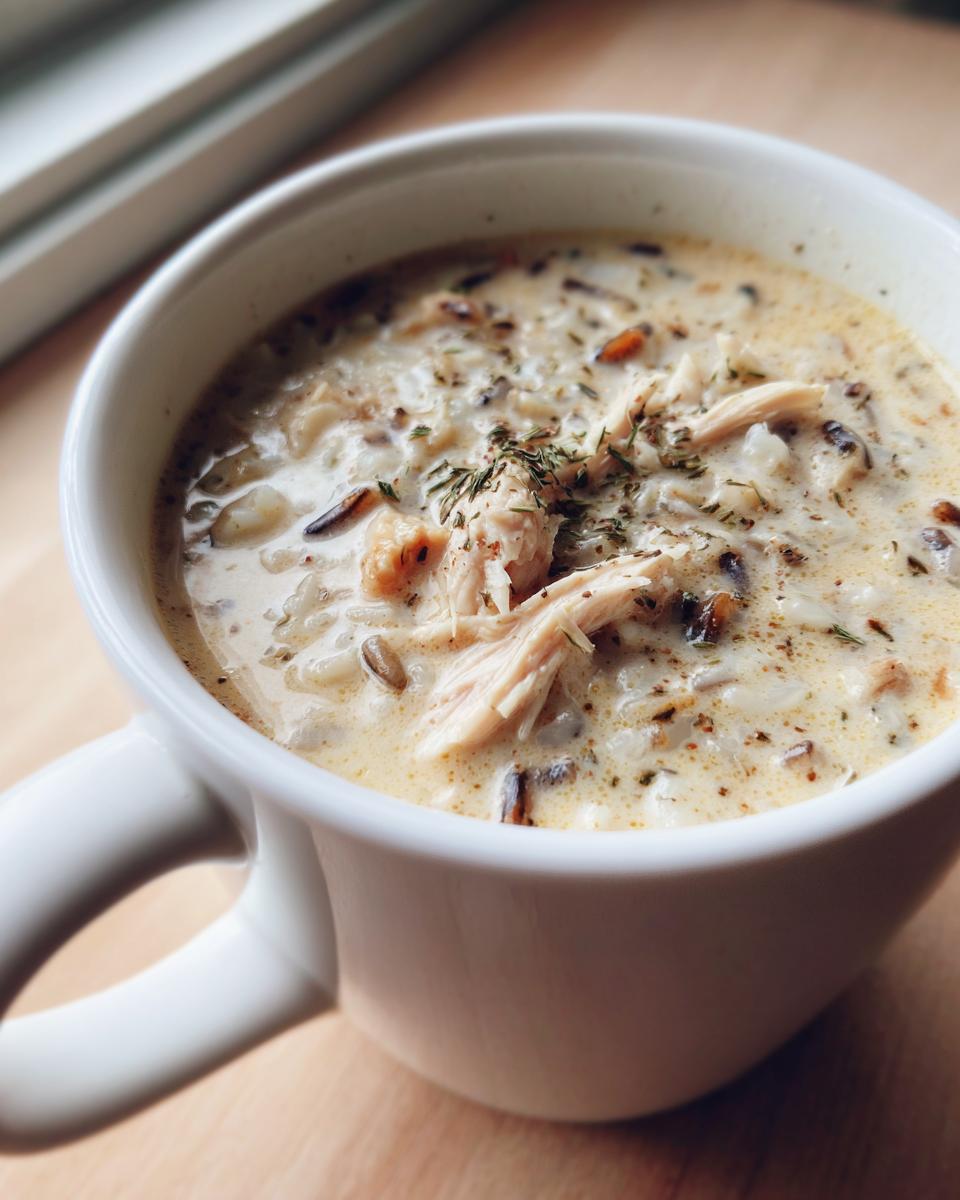 Close-up of creamy chicken wild rice soup topped with shredded chicken and herbs in a white mug.
