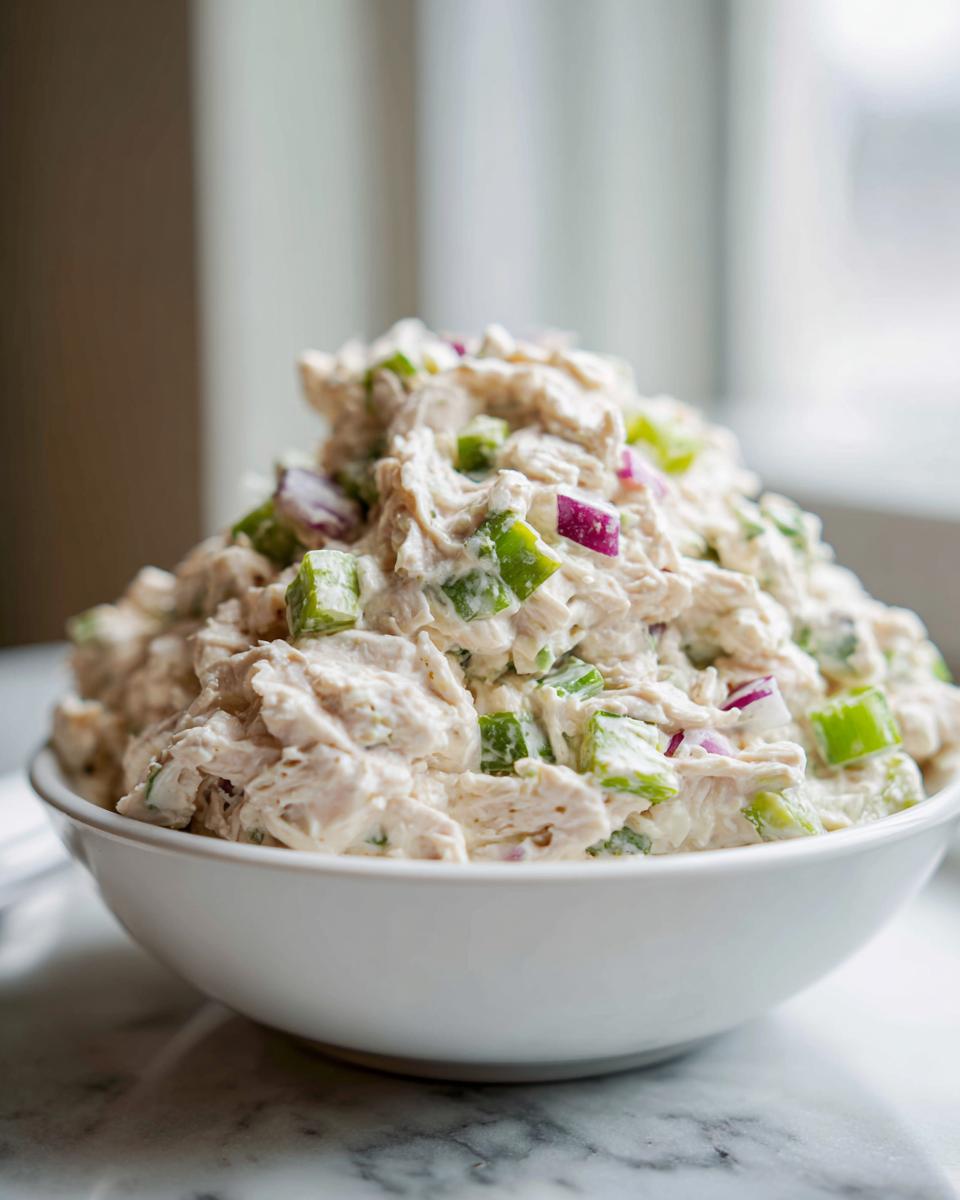 A generous serving of creamy cottage cheese chicken salad mixed with green celery and red onion in a white bowl.