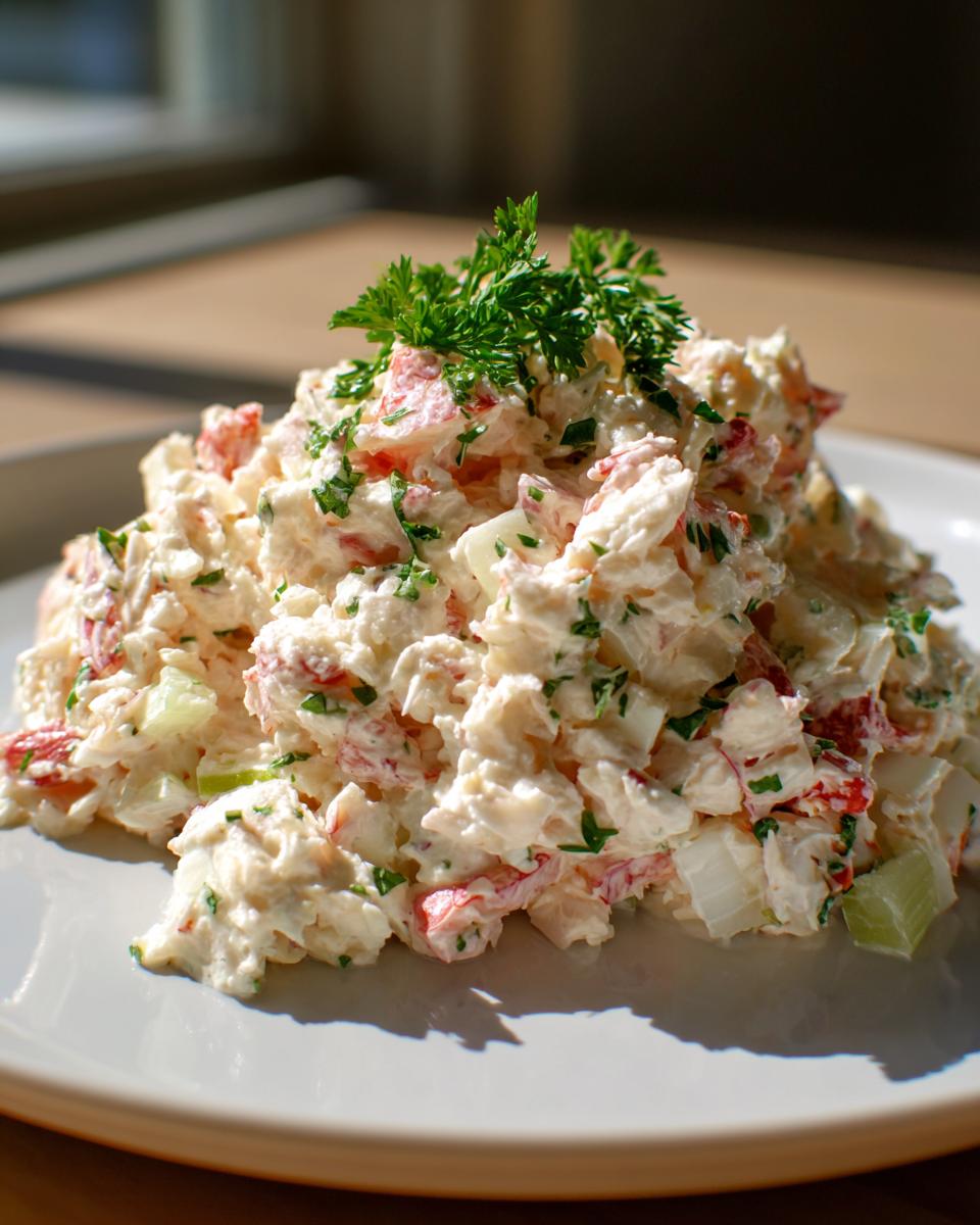 A generous mound of creamy crab salad, featuring chunks of white and red seafood mixed with celery and onion, topped with fresh parsley.