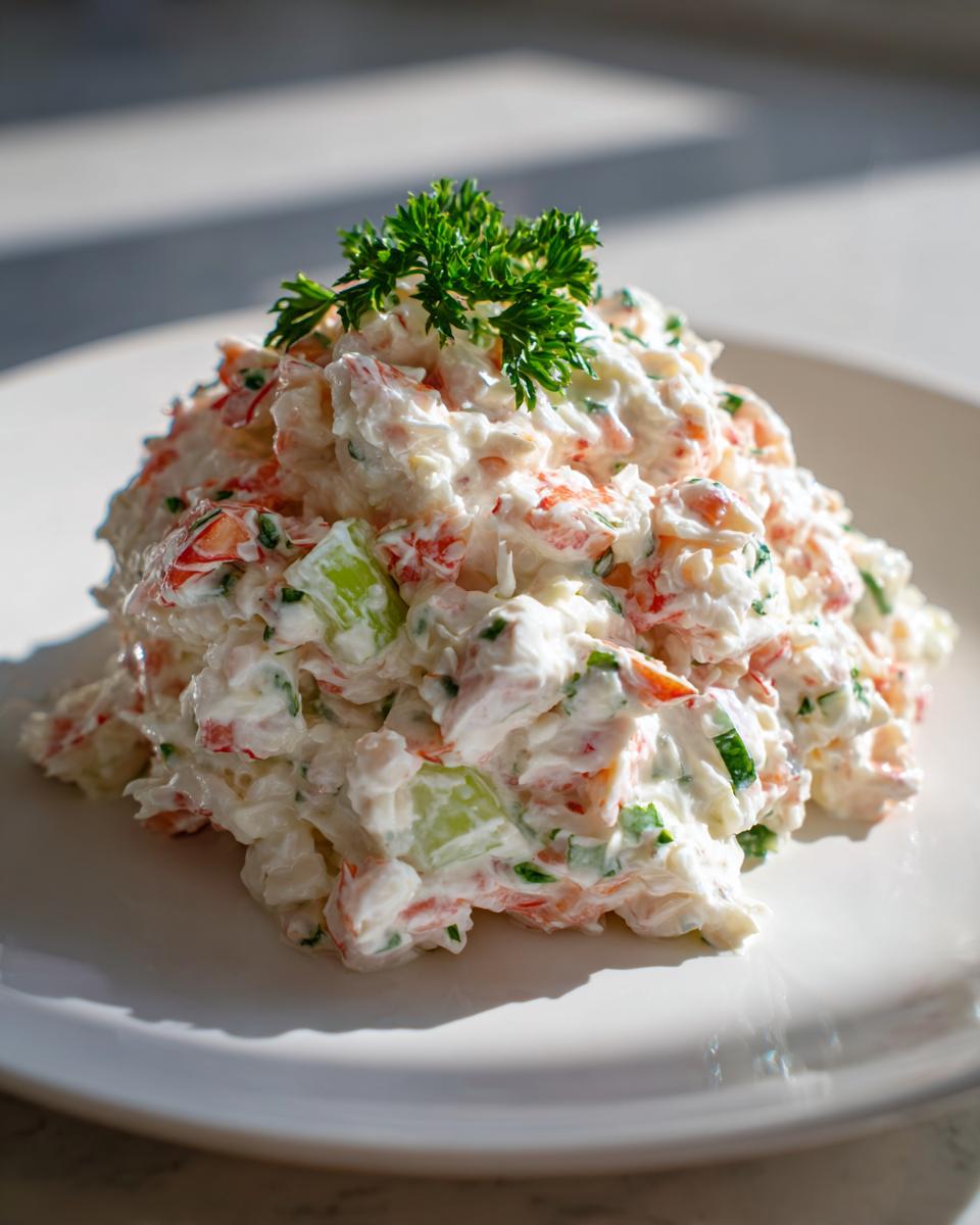 A mound of creamy crab salad mixed with celery and herbs, garnished with fresh parsley, served on a white plate.