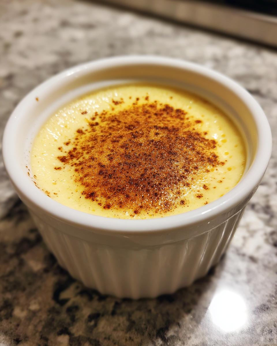 A close-up of a rich, creamy egg custard topped with sprinkled cinnamon in a white fluted ramekin.